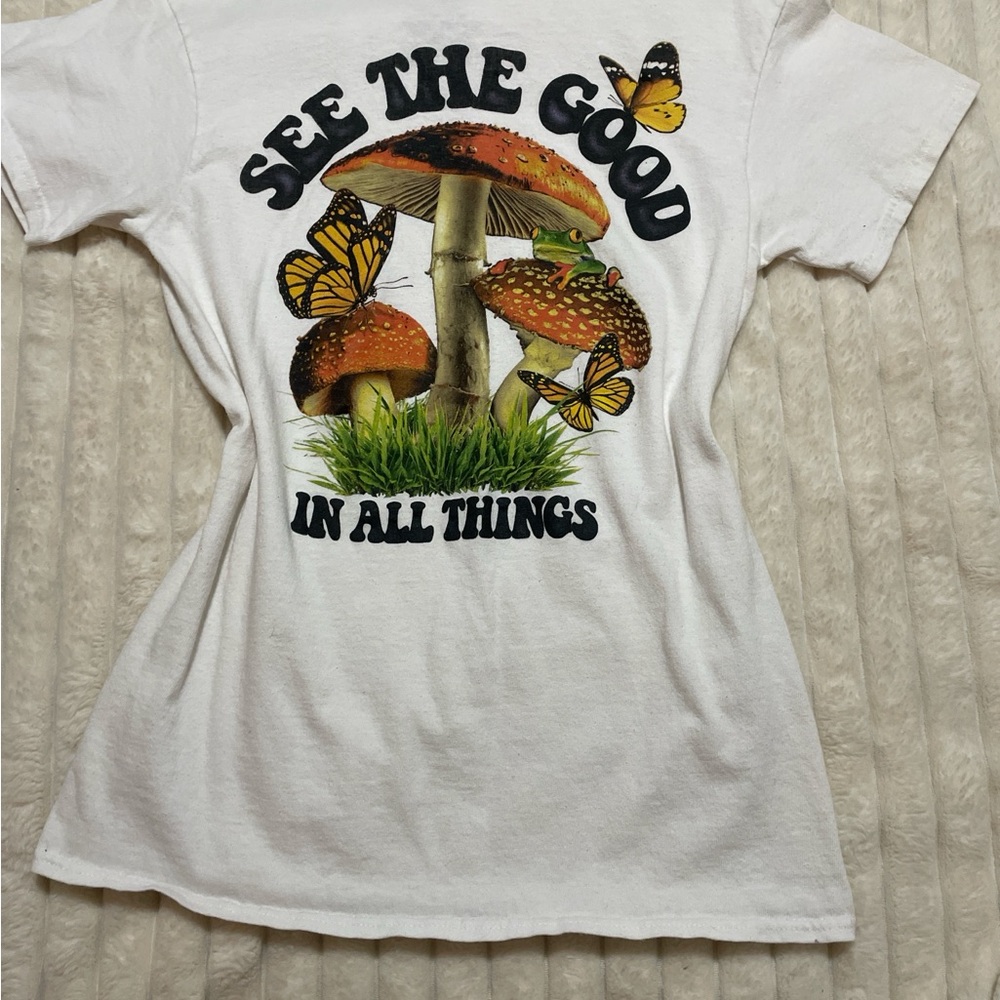 White Graphic Tee with Mushroom and Butterfly Design